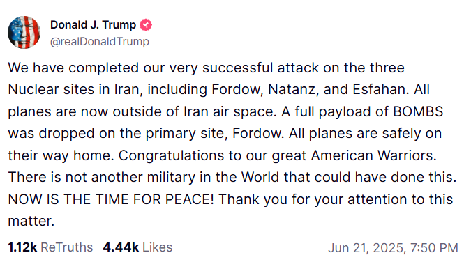 🚨🚨 DERNIÈRE HEURE

Trump annonce que les États-Unis ont mené des frappes contre les trois sites nucléaires en Iran, incluant Fordow, Natanz et Ispahan. « Tous les avions sont en route vers leur base, en toute sécurité », écrit-il.