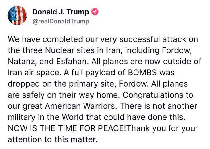 unusual_whales's tweet photo. BREAKING: Trump says the US has attacked Iran. https://t.co/sIVbNkzKVb
