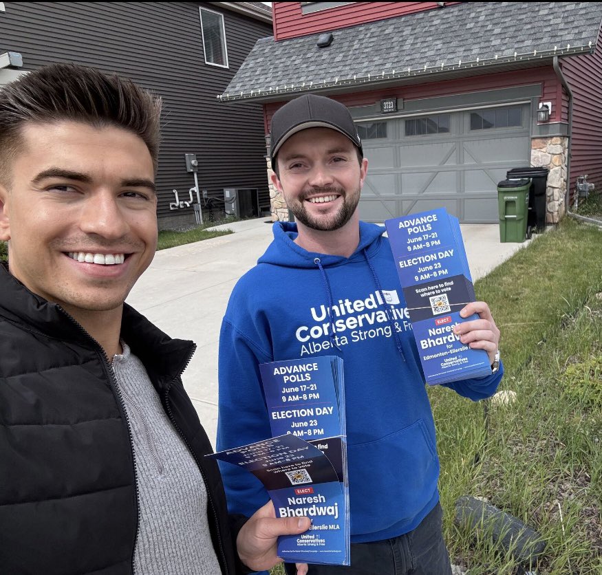 JustinGotfried's tweet photo. Great day at the doors with @sperling_jj supporting @nbhardwaj59 in the Edmonton Ellerslie by-election! Tons of @Alberta_UCP support in the area. 

Keep up the great work, @neilsingh121, @MarkFeldbusch, and the entire campaign team. Get out the vote! https://t.co/uedRj2sjWf