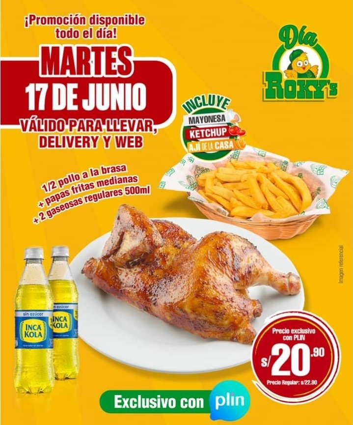 MonicaEHM's tweet photo. @chifaentiffanys #Rokys 1/2 pollo + papas + 2 gaseosas S/20.90 https://t.co/3tlxuWXMFQ
