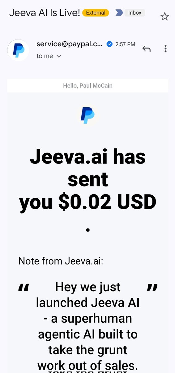 PaulJMcCain's tweet image. I'm not even mad, I'm impressed.
Blindly sending $0.02 via Paypal to make your pitch. That's something.