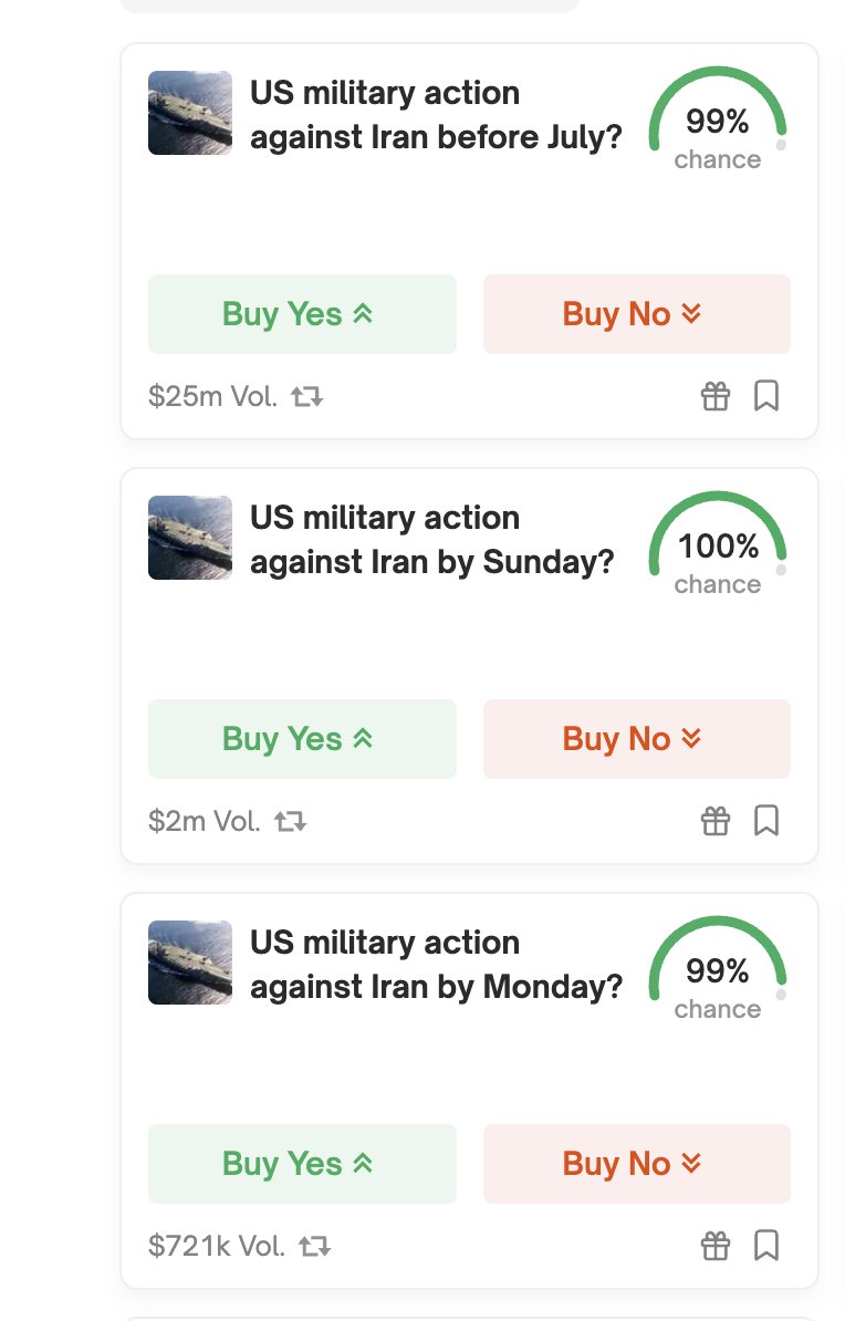 昨天poly上，当天 当月 下月打击伊朗的概率是27% 49% 72%。早上起来，直接100%了。清除掉核设施，对所有人都好。
