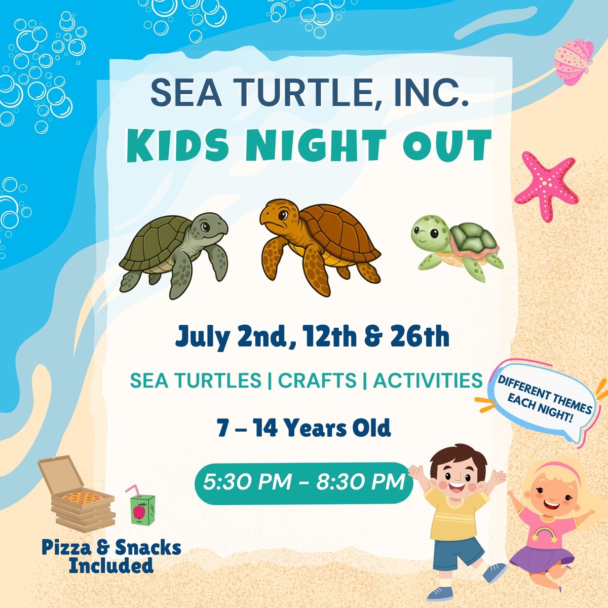 Join us for a Kids Night Out in July! Nights full of creativity, discovery, and sea turtle fun while you enjoy some me-time! 

🕔 Time: 5:30 PM – 8:30 PM
📍 Location: Sea Turtle Inc.
🍕 Pizza and drinks included!

Register now: ow.ly/SXf250UIrh0