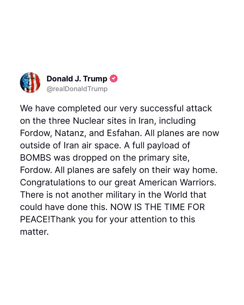 美国攻击了伊朗的三处核基地，这也意味着美国参与了以色列对伊朗的战争。美国对伊朗宣战！