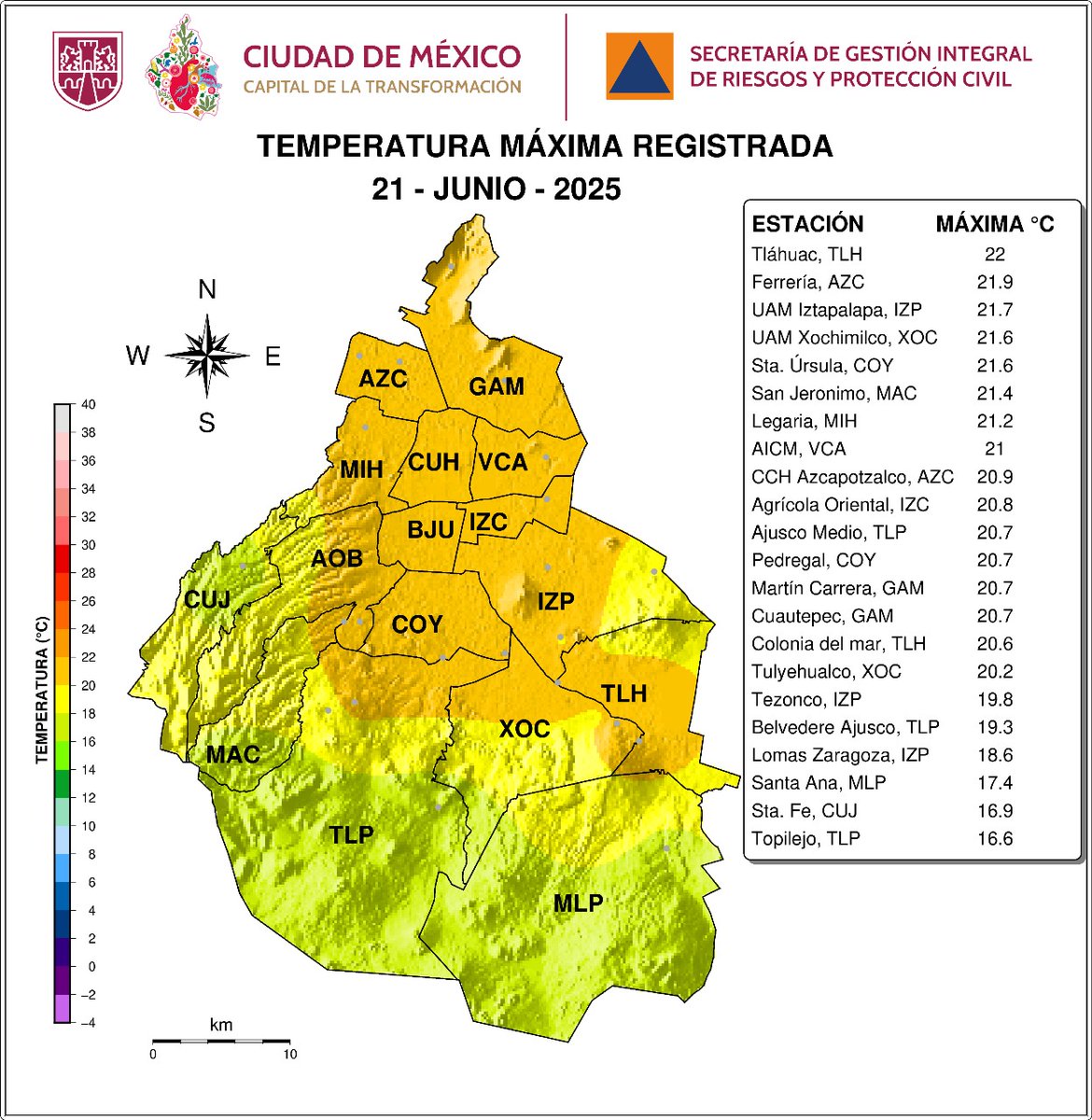 Distribución espacial de las temperaturas máximas registradas el 21-06-2025 por las redes de: SGIRPC, SENEAM, SEDEMA y PEMBU-UNAM. #TrabajandoJuntos #LaPrevenciónEsNuestraFuerza
