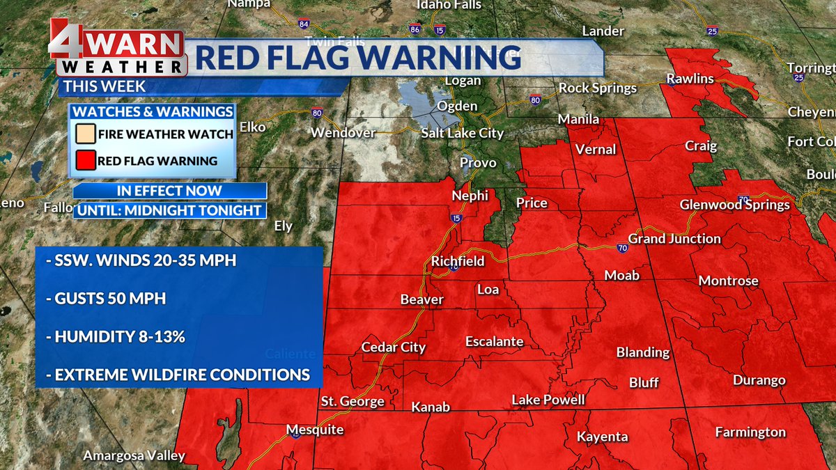 Strong winds hang on through the late night hours as a cold front approaches from the northwest. Wind gusts up to 50 mph expected with 20-35 mph sustained winds. Southern Utah continues to deal with extreme wildfire threats due to wind, low RH, and warm temps. Some relief Sun.