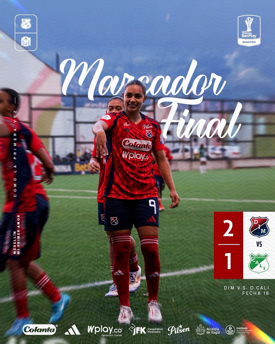 DIMOficialFem's tweet image. [Marcador final🔴🔵]

VICTORIA PODEROSA 🤩. 2 - 1 terminó el marcador del compromiso DIM vs Cali. 

⚽️ Goles de Valentina Rojas y Anlly Iglesias.

¡Qué buena muchachas! ⚡️

#VamosMedellín #SomosFamilia
