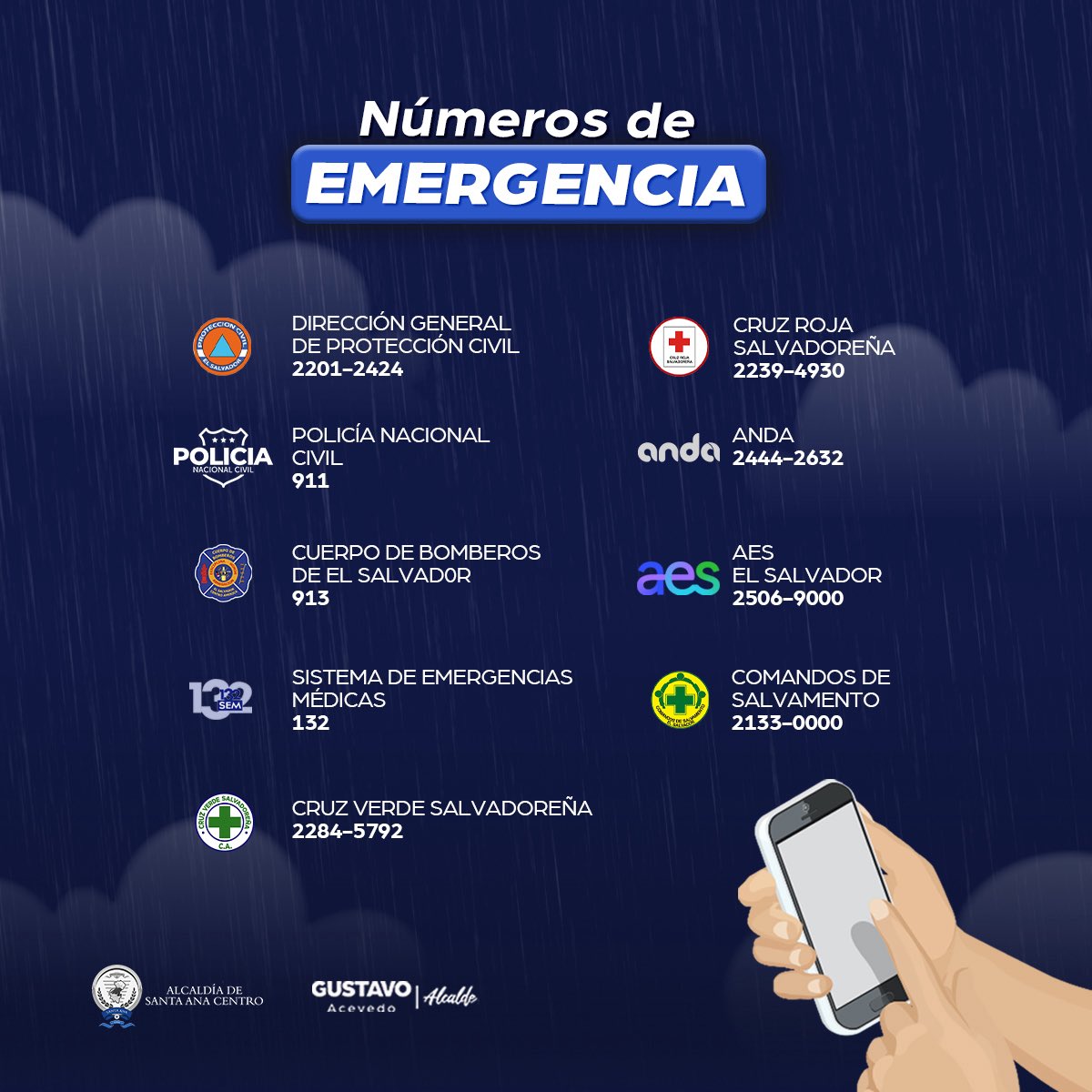 ¡Fuerte lluvia en estos momentos! ⛈️📣

Aquí te dejamos los números de emergencias ante cualquier incidente. 📱🚨

¡Estamos alerta! 👷🏻‍♂️⚠️

#GustavoAcevedo #ClimaSV #SantaAnaCentro