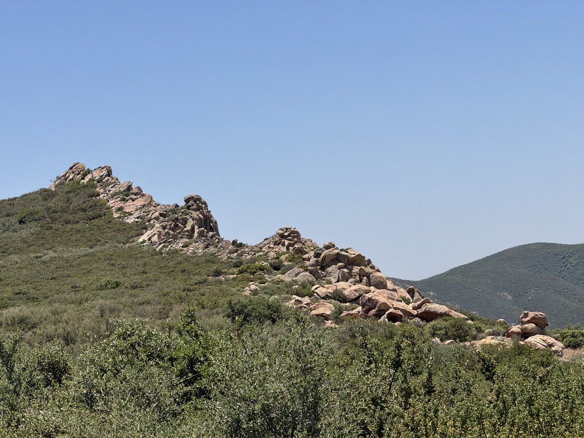 Contact between granitic pluton and schists in a continental arc. Weathering of plutonic rocks proceeds along fractures, leaving behind unweathered bouldery corestones. Schists weather more uniformly. Vegetation follows geology. Peninsular Ranges Batholith, California.