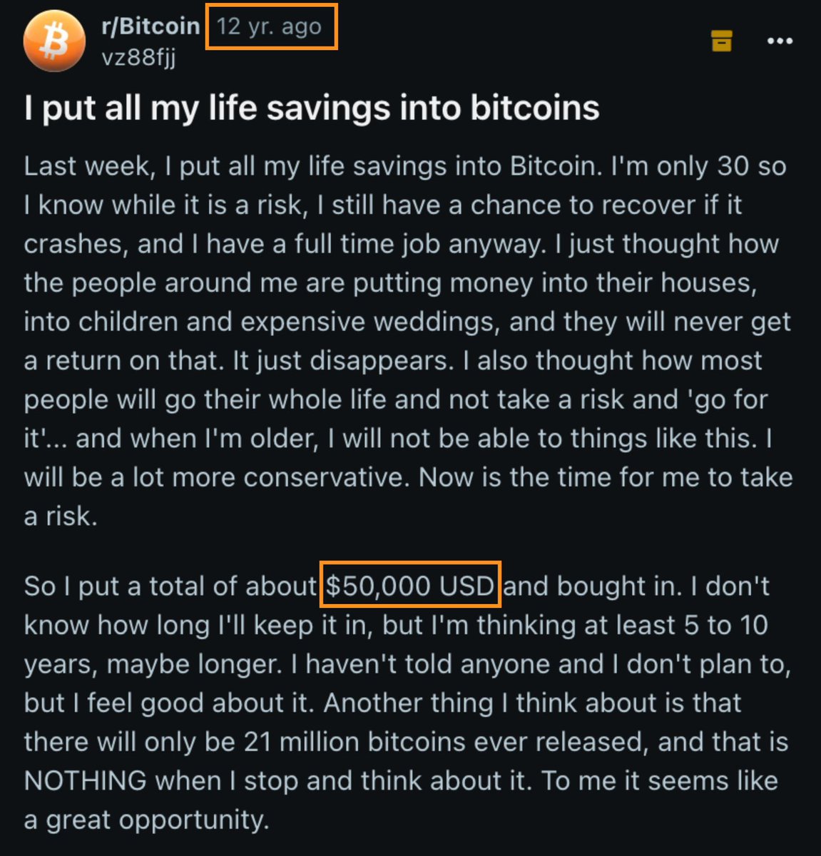 12 years ago, this guy bought $50,000 worth of Bitcoin.

Back then, each Bitcoin was worth just $100.

Today, his $50,000 Bitcoin purchase is worth over $50 million.

What a legend! 🫡