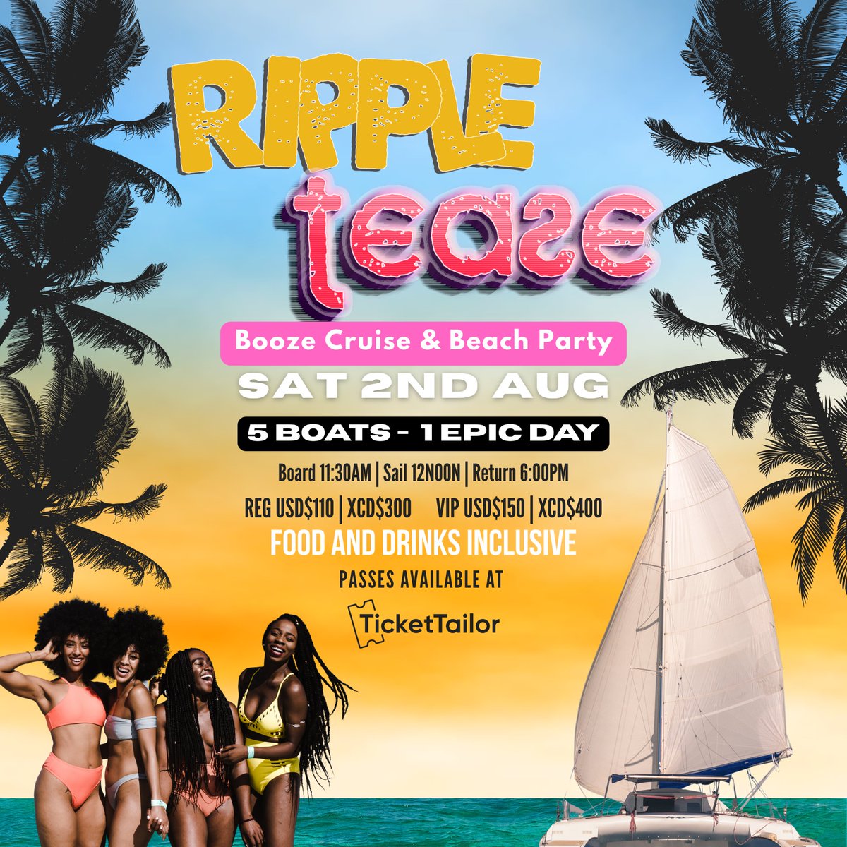 🔥 Summer starts NOW.
🛥️ 5 Boats. 1 Epic Day.
🎉 Ripple x Tease returns Sat 2nd Aug and the vibes? Unreal.

🎟️ Boat passes are LIVE — grab yours here: tickettailor.com/events/topshel…

🎧 DJ lineup + ticket giveaways drop TOMORROW.

#RippleXTease #AntiguaCarnival2025