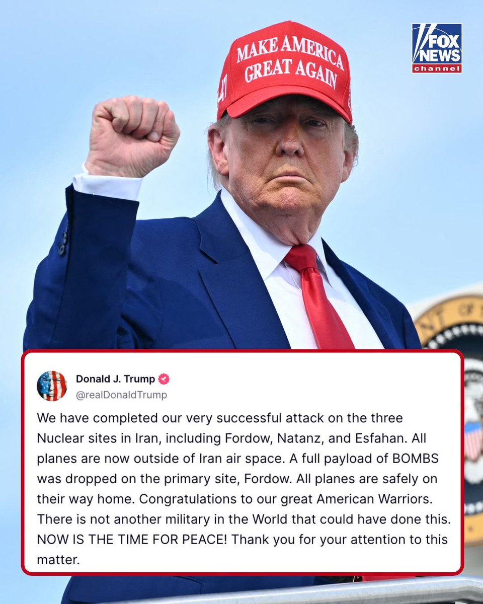 FoxNews's tweet image. BREAKING: Trump announces "successful" US attack on Iranian nuclear sites.