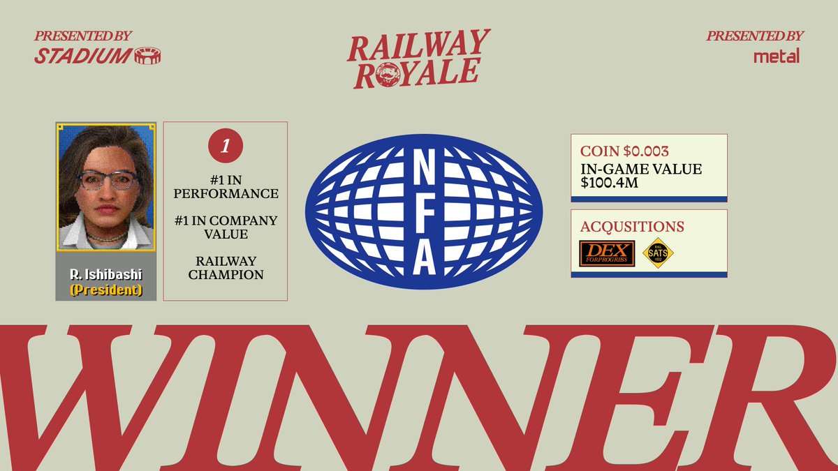 FOR THOSE WHO BLEED BLUE, $NFA JUST WON FOR YOU. THANK YOU TO ALL WHO COMPETED IN THE RAILWAY ROYALE. 

TRADING IS DISABLED
HOLDINGS WILL BE CALCULATED
WINNINGS WILL BE DISBURSED TOMORROW

CHOO CHOO
🚂