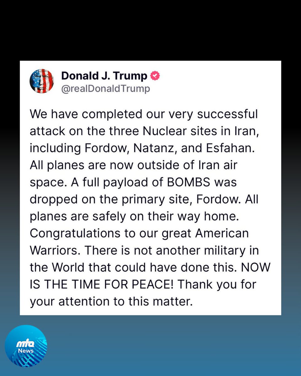 🚨 BREAKING: Trump claims U.S. 'successfully attacked three nuclear sites in Iran'

U.S. President Donald Trump said that a "very successful attack" on three nuclear sites in Iran had been successfully carried out, including at Fordow.

In a posting on Truth Social, Trump added,