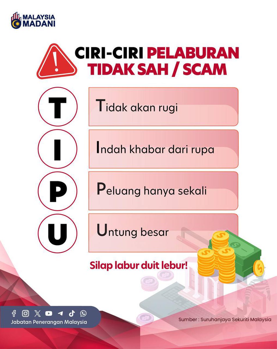 JPenerangan's tweet photo. 🚨 Elak Terjebak Pelaburan Scam! 🚨

Jangan serah duit anda kepada skim yang meragukan!

Kenali tanda-tanda pelaburan tidak sah sebelum terpedaya.

Lindungi wang, jauhi penipuan! 💸❌

#MalaysiaMADANI
#TaatSetia
#JabatanPenerangan https://t.co/yNtQwHPHIo