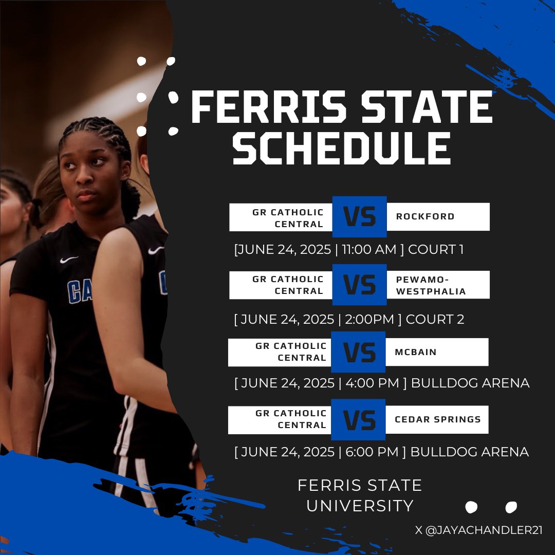 Jaya Chandler (@jayachandler21) on Twitter photo My schedule for #2025ferrisstateshootout Tuesday June 24 <a href="/GRCC_CougarsWBB/">Grand Rapids Catholic Central Girls Basketball</a> <a href="/mikemillsnc/">Mike Mills WBB College Recruiting</a> My schedule for #2025ferrisstateshootout Tuesday June 24 <a href="/GRCC_CougarsWBB/">Grand Rapids Catholic Central Girls Basketball</a> <a href="/mikemillsnc/">Mike Mills WBB College Recruiting</a>