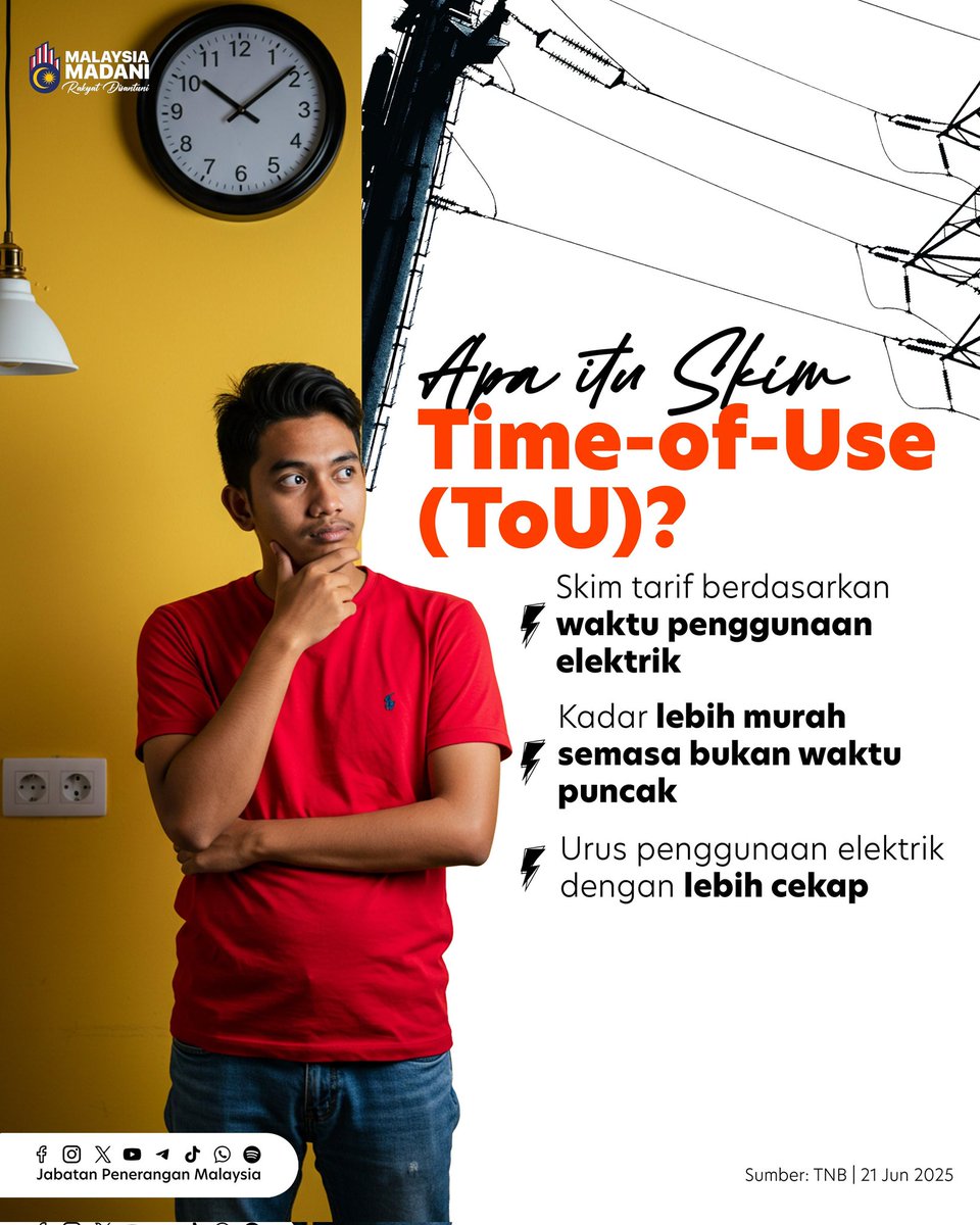 JPenerangan's tweet photo. Apa Itu Skim ToU??

⚡ Skim tarif berdasarkan waktu penggunaan elektrik.

💰 Kadar lebih murah semasa bukan waktu puncak. 

✅ Urus penggunaan elektrik dengan lebih cekap. 

#MalaysiaMADANI 
#TaatSetia
#JabatanPenerangan https://t.co/jOLXRJst2Y