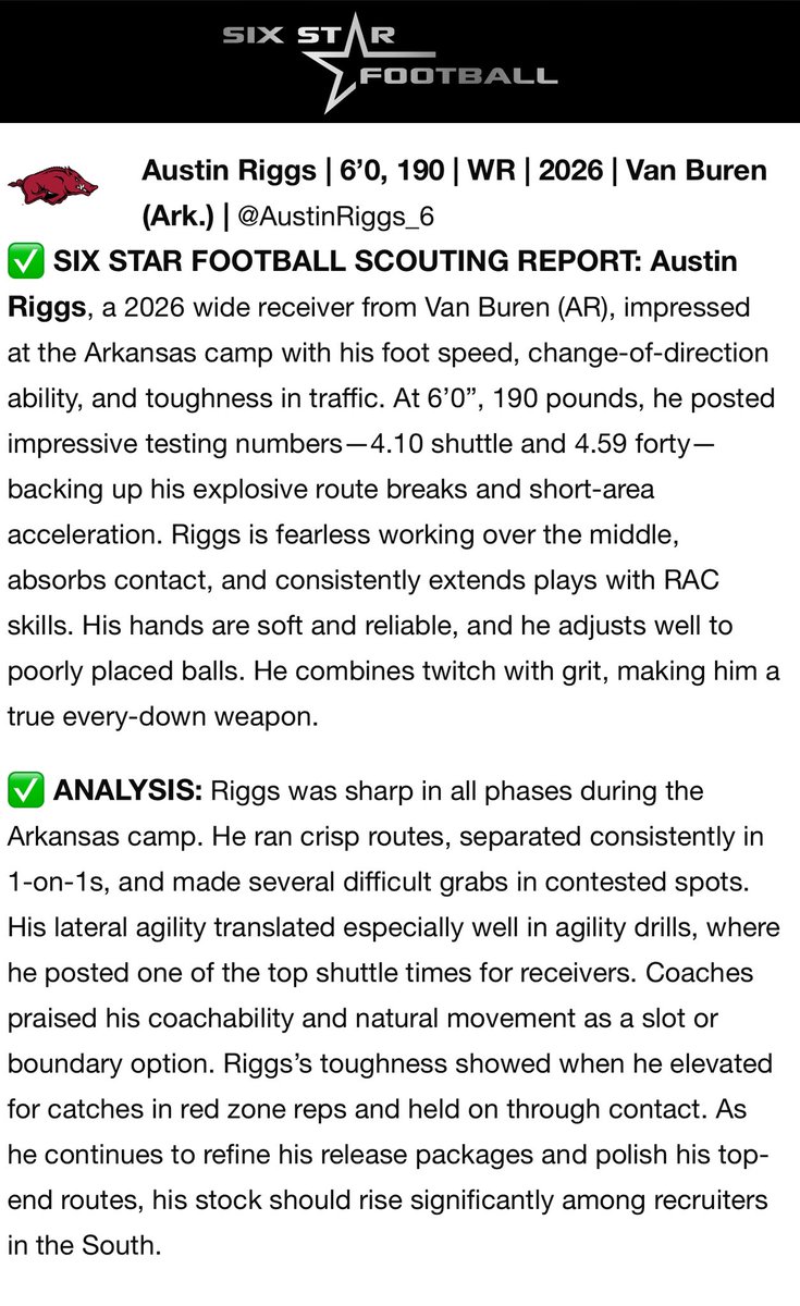 Austin Riggs (@austinriggs_6) on Twitter photo Thanks <a href="/sixstarfootball/">Six Star Football | PLUS+</a> for the write up on my Arkansas camp!!
<a href="/6starfootballOK/">Six Star Football | OKLAHOMA</a> <a href="/6starfootballMO/">Six Star Football | MISSOURI</a> <a href="/RazorbackFB/">Arkansas Razorback Football</a> <a href="/CoachSamPittman/">Coach Sam Pittman</a> <a href="/CoachBPetrino/">Bobby Petrino</a> <a href="/RonnieFouch/">Ronnie Kainoa Fouch</a> <a href="/DylanJCruz_/">Dylan Cruz</a> <a href="/RazorbackFBRec/">Arkansas Football Recruiting</a> <a href="/ArkansasFBFan94/">ArkansasRazorbackRecruitingUpdates</a> <a href="/ArRecruitingGuy/">Richard Davenport</a> <a href="/hmcilvain2/">Harold McIlvain II</a> <a href="/bench424nmore/">Mark Gibson</a> <a href="/MikeHarleyMedia/">Michael Harley</a> <a href="/JacobScottDavis/">Jacob Davis</a> Thanks <a href="/sixstarfootball/">Six Star Football | PLUS+</a> for the write up on my Arkansas camp!!
<a href="/6starfootballOK/">Six Star Football | OKLAHOMA</a> <a href="/6starfootballMO/">Six Star Football | MISSOURI</a> <a href="/RazorbackFB/">Arkansas Razorback Football</a> <a href="/CoachSamPittman/">Coach Sam Pittman</a> <a href="/CoachBPetrino/">Bobby Petrino</a> <a href="/RonnieFouch/">Ronnie Kainoa Fouch</a> <a href="/DylanJCruz_/">Dylan Cruz</a> <a href="/RazorbackFBRec/">Arkansas Football Recruiting</a> <a href="/ArkansasFBFan94/">ArkansasRazorbackRecruitingUpdates</a> <a href="/ArRecruitingGuy/">Richard Davenport</a> <a href="/hmcilvain2/">Harold McIlvain II</a> <a href="/bench424nmore/">Mark Gibson</a> <a href="/MikeHarleyMedia/">Michael Harley</a> <a href="/JacobScottDavis/">Jacob Davis</a>
