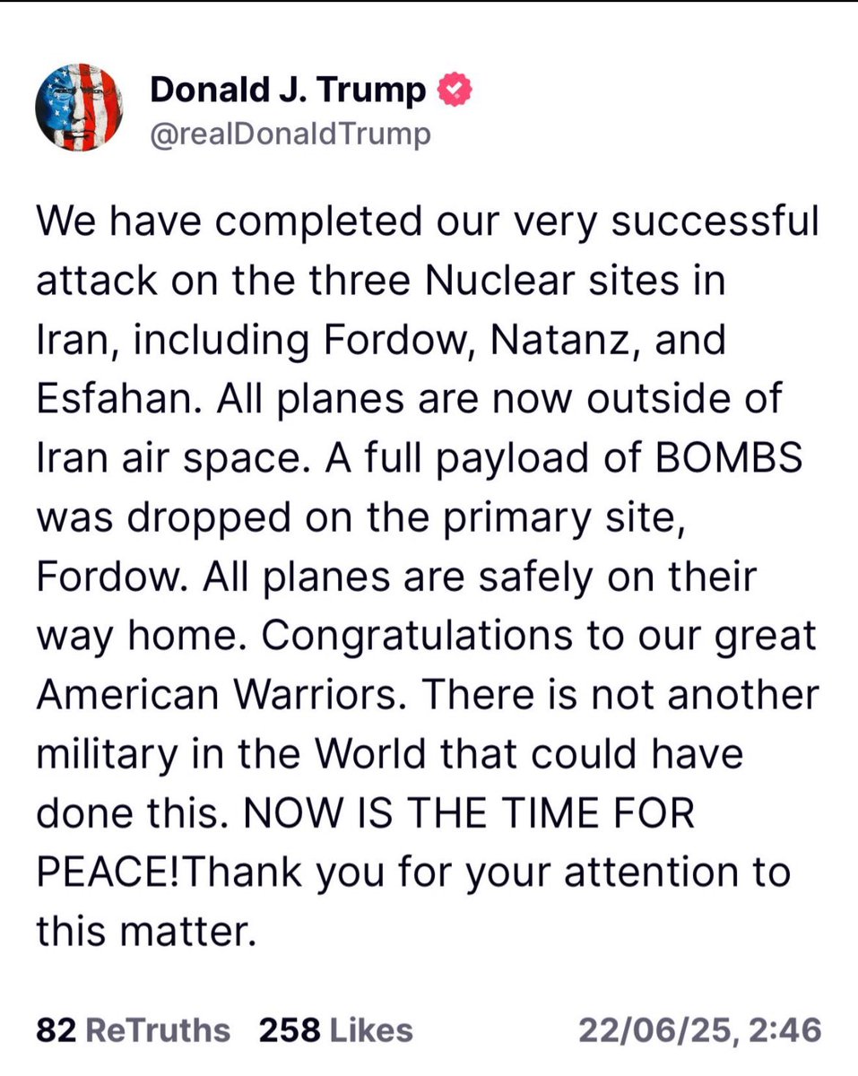 🙏🏼 Today, history has been etched in golden letters, a day the world will never forget! On June 21, 2025, at 2:46 PM, President Donald J. Trump announced the successful strike on Iran’s nuclear sites—Fordow, Natanz, and Esfahan—ending a nightmare that has haunted humanity for