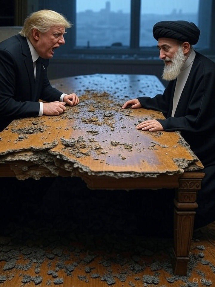 Shehzad89's tweet photo. Trump destroys the table to get Iran back on a negotiable table they were already on before the bombing. https://t.co/lVTmNMhVH6