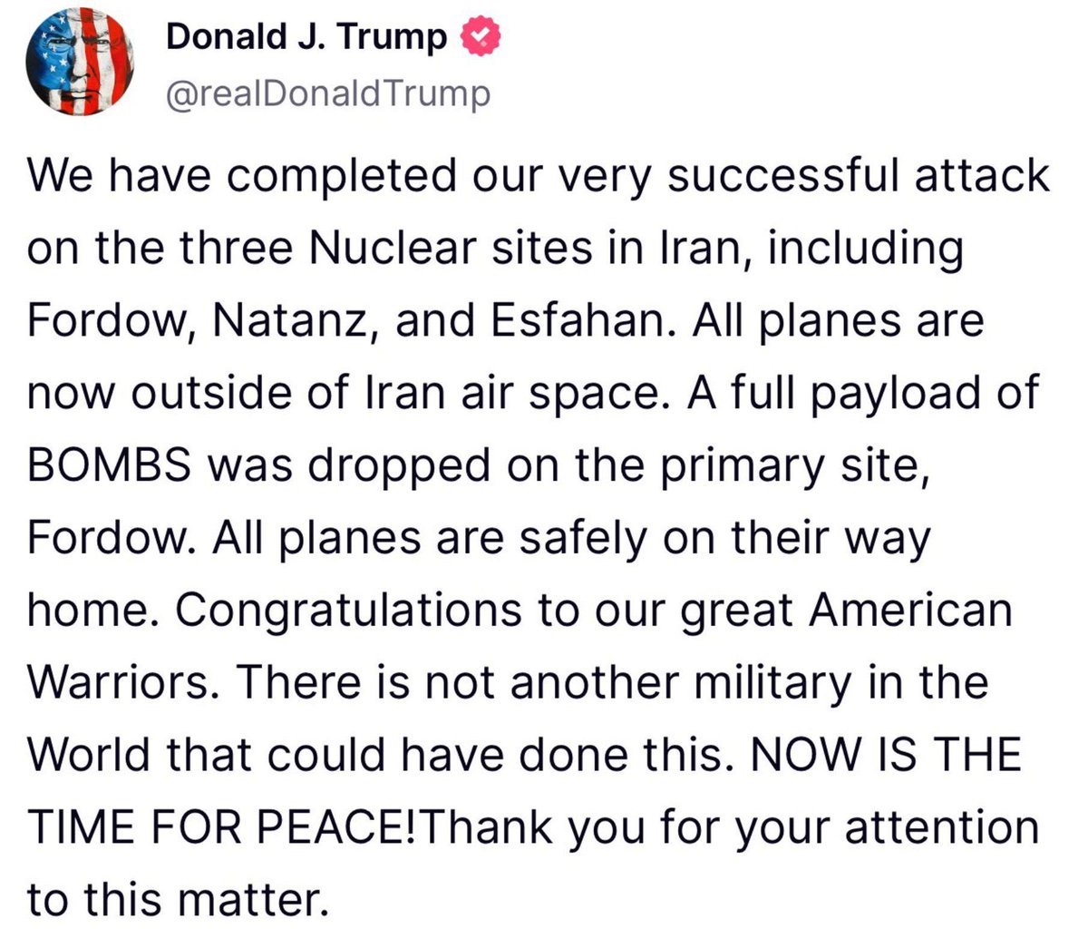 🔺#ÚLTIMAHORA: Donald Trump anuncia que EE.UU. atacó tres instalaciones nucleares en Irán: Fordow, Natanz e Isfahan.