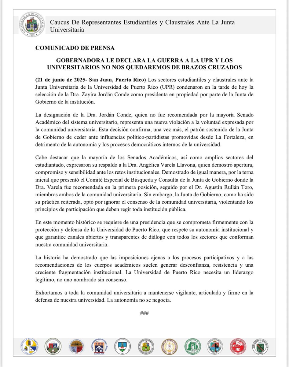Hoy la UPR volvió a sufrir un duro golpe. La imposición por parte de fortaleza de Zayira Jordan como presidenta pese al rechazo contundente de la comunidad universitaria. 

Como representantes en la junta universitaria no nos quedamos en silencio:
