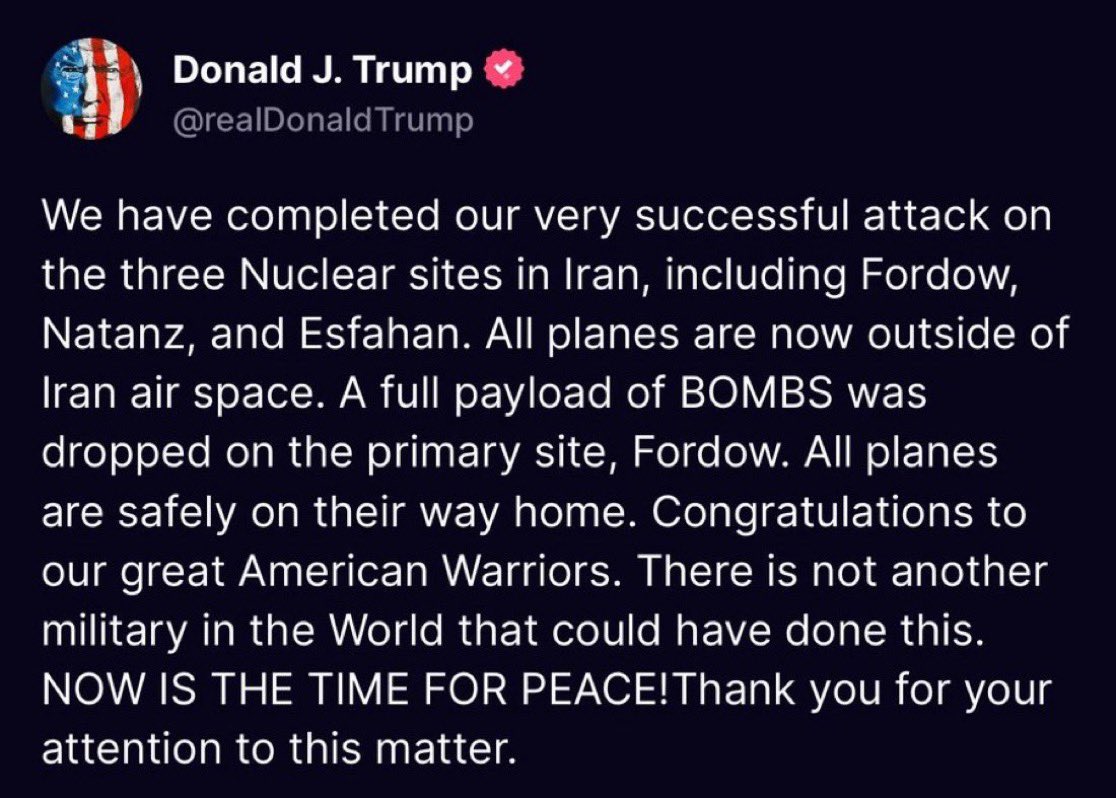khizerkhan407's tweet photo. Breaking 🚨 Trump says the U.S. has struck three Iranian nuclear sites — Fordow, Natanz &amp; Esfahan — and safely withdrawn https://t.co/5e2c0ly1TG