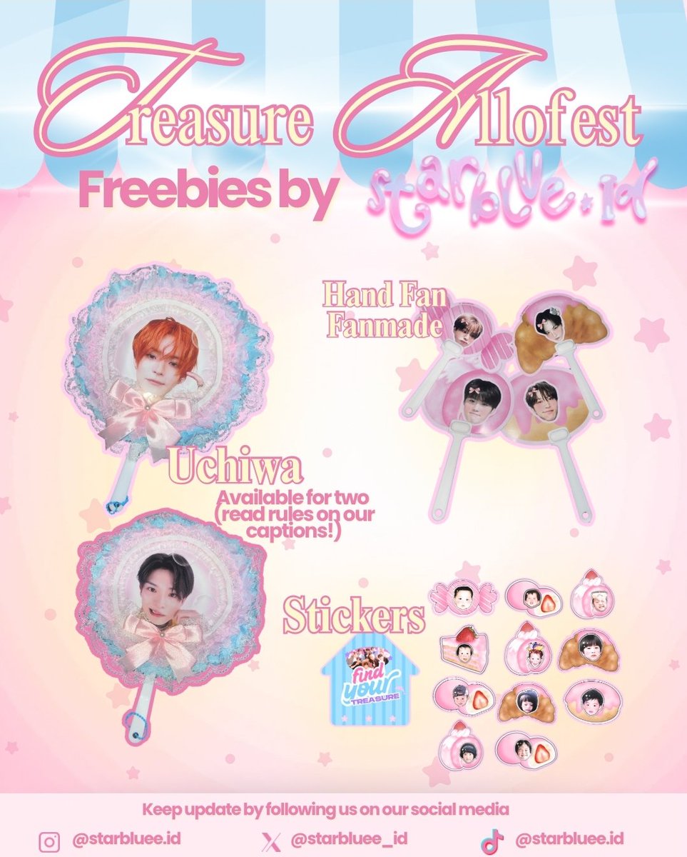 FREEBIES TREASURE ALLO BANK DAY 2 in JAKARTA💛💙 By: <a href="/starbluee_id/">starbluee — OPEN PO UCHIWA DECO</a>×@Lawberrypink× <a href="/chaxrscd/">ca 🎀💐✨| BISMILLAH SANGWON LEO DEBUT</a> 

LIMITED QTY:
UCHIWA(1pcs yoshi &amp; 1pcs asahi) &amp; PHOTOCARD &amp; POSTCARD OFFICIAL FOR RANDOM SPESIAL TEUME

🗓 Minggu, 22 Juni 2025
📍 Istora Senayan
⏰ TBA 

#TREASURE #AlloBankFestival2025