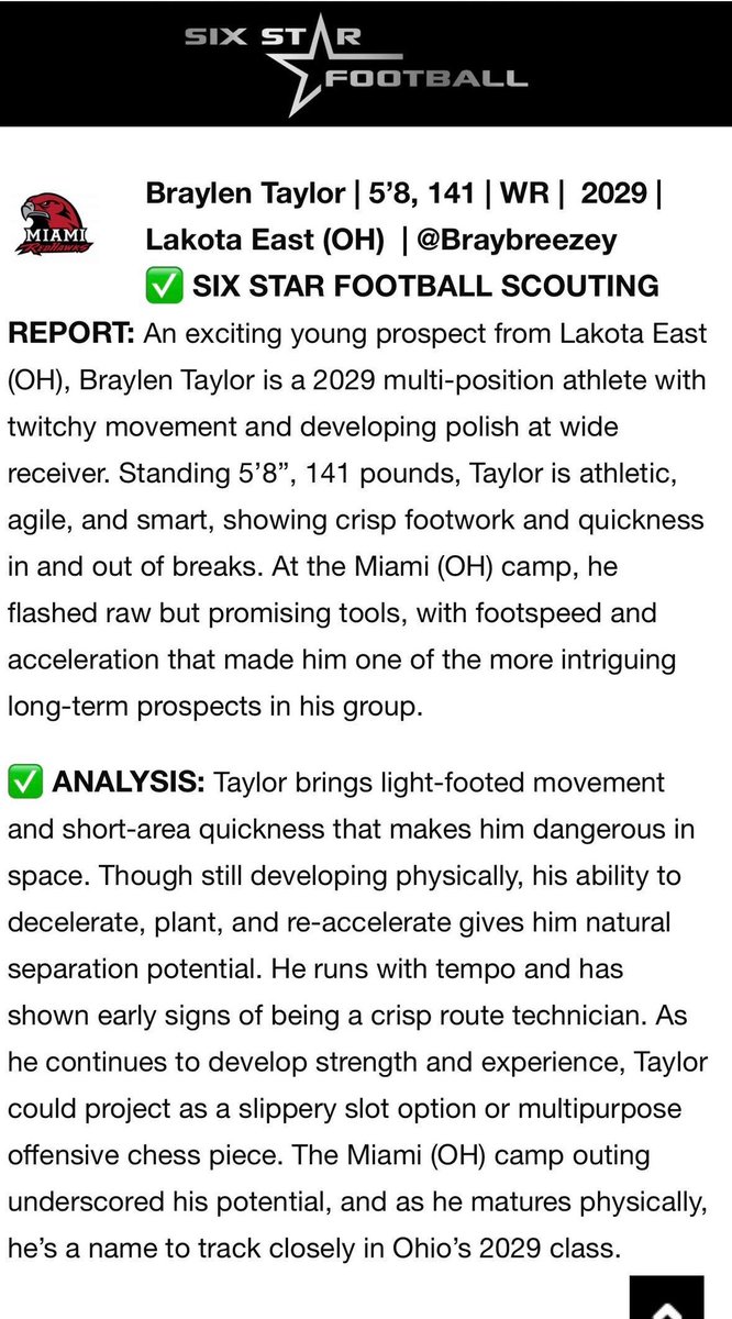 Braylen Taylor 2029 WR (@braybreezey) on Twitter photo Thank you <a href="/sixstarfootball/">Six Star Football | PLUS+</a> for the write up from <a href="/MiamiOHFootball/">Miami Football</a> mega camp.๐ฏ Thank you <a href="/sixstarfootball/">Six Star Football | PLUS+</a> for the write up from <a href="/MiamiOHFootball/">Miami Football</a> mega camp.๐ฏ