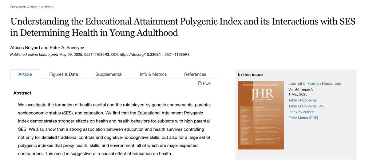 J_HumanResource's tweet image. Research by Atticus Bolyard and Peter A. Savelyev show that the Educational Attainment Polygenic Index predicts health in high-SES environments, but education still matters, even after controlling for genes.
doi.org/10.3368/jhr.05…
#Genetics