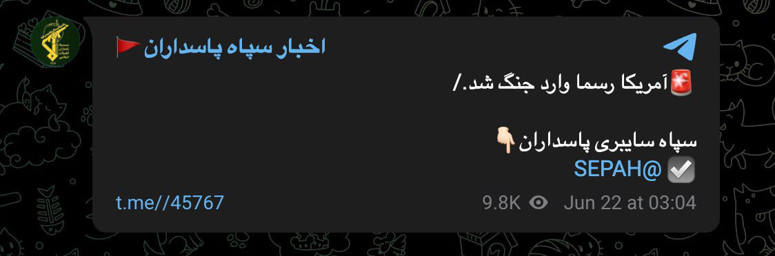 AggregateOsint's tweet image. Iranian Revolutionary Guard Corps-affiliated Telegram channels are now declaring: “America has officially entered the war.”