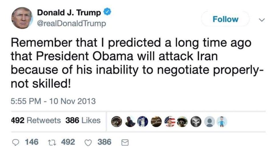 Patriot Virtus ๐บ๐ธ๐ฆ
(@patriotvirtus) on Twitter photo ๐ค I guess you could say:
"<a href="/realDonaldTrump/">Donald J. Trump</a> attacked #Iran because of his inability to negotiate properly-not skilled!" ๐ค I guess you could say:
"<a href="/realDonaldTrump/">Donald J. Trump</a> attacked #Iran because of his inability to negotiate properly-not skilled!"