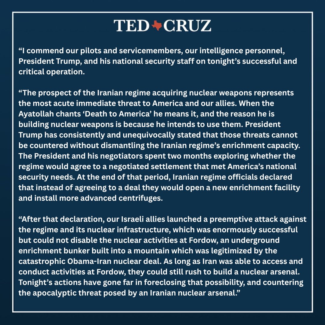 Statement on U.S. Striking Iran Regime Nuclear Infrastructure