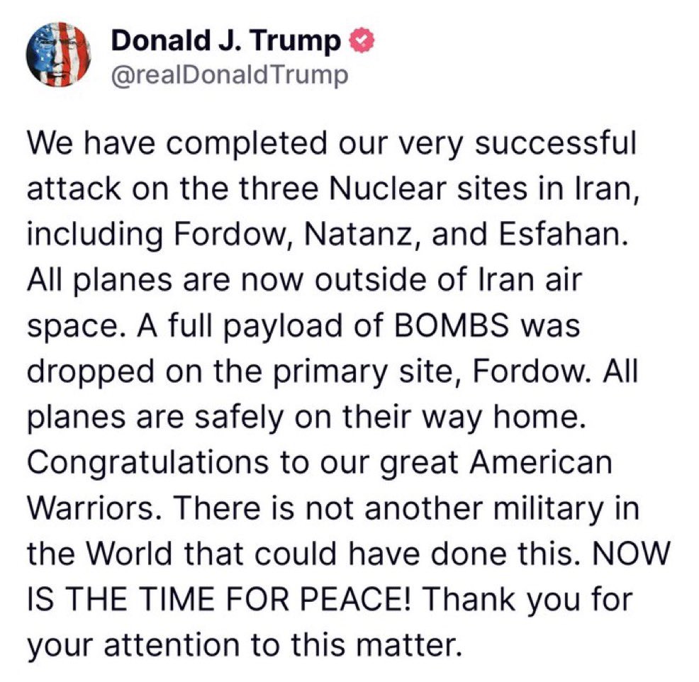 The full scale of the U.S. strikes on Iran’s nuclear sites is unclear. Have the facilities been completely disabled? 
A Telegram channel affiliated with the IRGC wrote: “The U.S. has officially entered the war.” 
What will the Islamic Republic’s response be?
#IranIsraelConflict