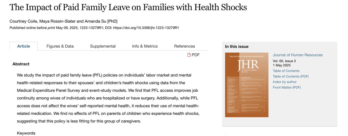 J_HumanResource's tweet image. How does paid family leave (PFL) affect caregivers facing a spouse's or child’s health shock? @ccoile, @maya_rossin, and Amanda Su look into these labor and mental health outcomes using U.S. data.
doi.org/10.3368/jhr.12…
#LaborEcon #PaidLeave