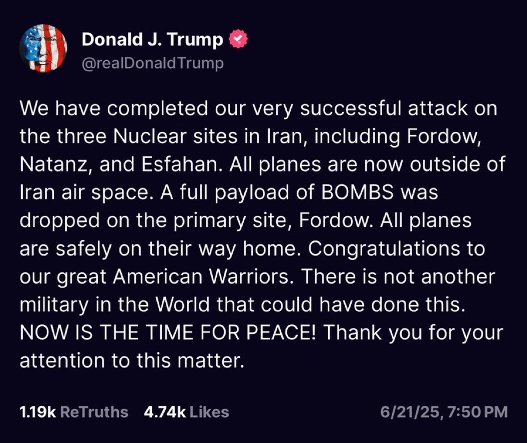 EUA ATACA 3 INSTALAÇÕES NUCLEARES DO IRÃ : FORDO , NATANZ e ESFAHAN. 

Donald J. Trump
Todos os aviões já estão fora do espaço aéreo do Irã.
Uma carga completa de BOMBAS foi lançada nos alvos, Fordo, Natanz, Estahan.
Todos os aviões estão agora em segurança a caminho de casa.