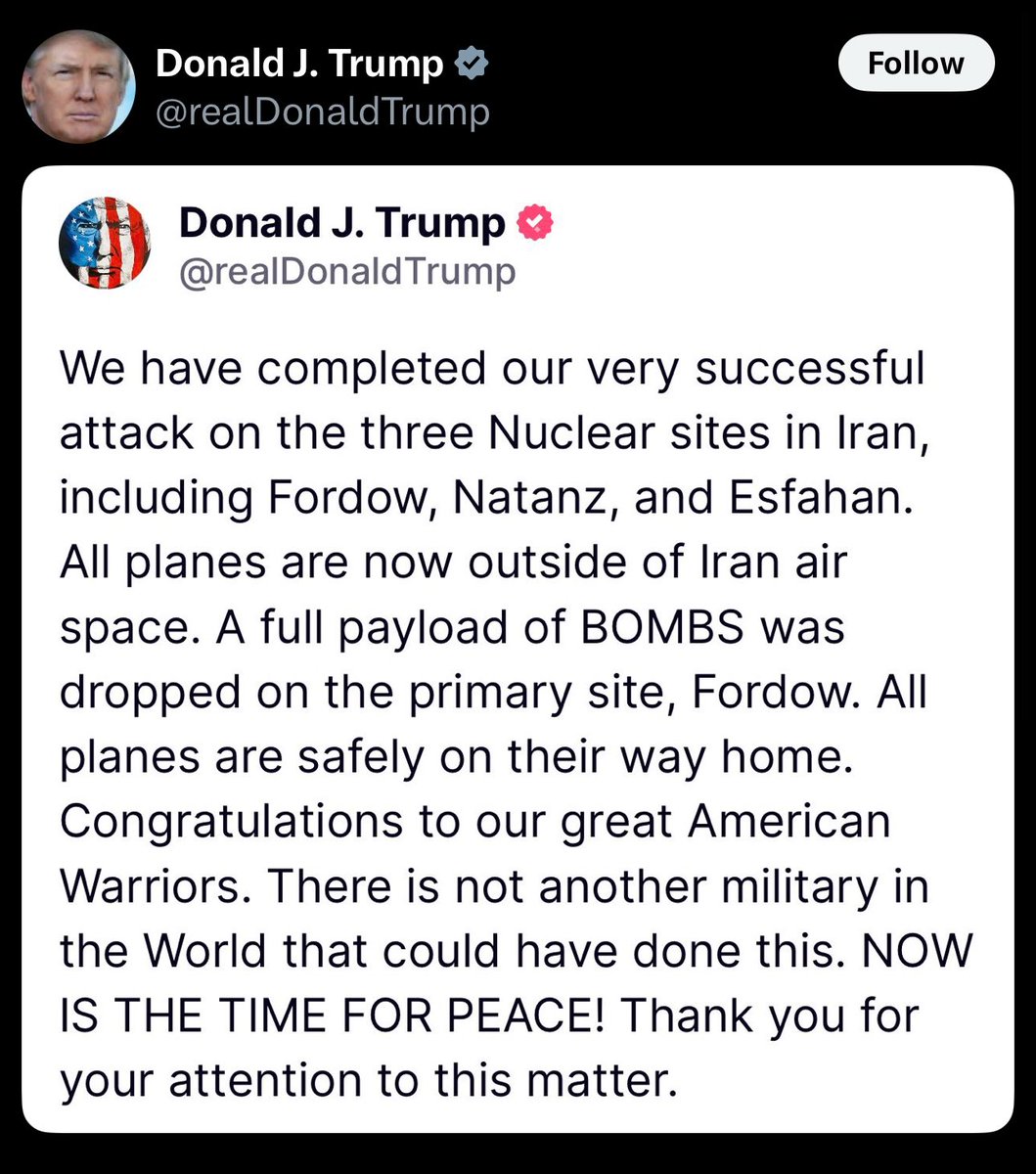 This is what happens when you tell a felon and business fraud they have Presidential Immunity.

Donald Trump has circumvented congressional approval and bombed what he claims were three nuclear sites in Iran.

This is how we ended up in Iraq. This will lead to troops on the