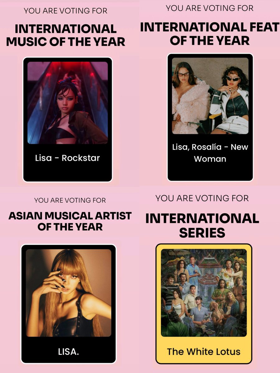 Did you vote #LISA yet today?

Let’s go to voting those of 4 type:

💛 International music of the year
💛 International feat of the year
💛 Asian musical artist of the year
💛 International series

Link here to vote on website:
🔗 secawards.seriesemcena.com.br

#LISAxAlterEgo