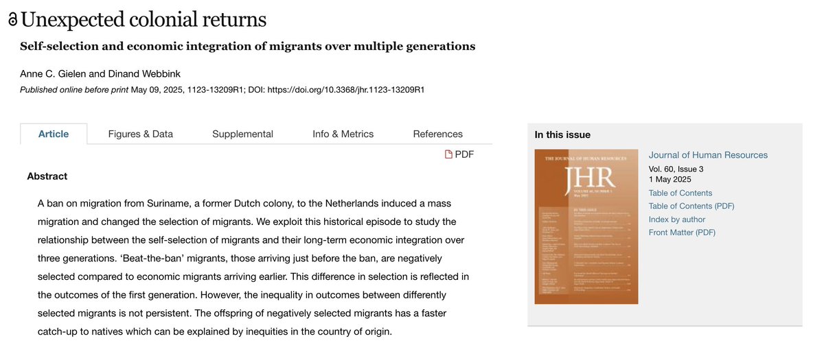 J_HumanResource's tweet image. Research by Anne C. Gielen and Dinand Webbink on Surinamese migration to the Netherlands show that those who migrated just before the 1975 ban started off with fewer resources, but their children closed economic gaps more quickly than earlier migrants.
doi.org/10.3368/jhr.11…
