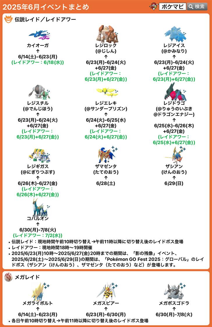 pokemapi's tweet photo. 今週のイベントスケジュールまとめ

期間：2025/6/23(月)-2025/6/29(日)

✅日替わり星5レイド+レイドアワー
→レジ系6種(特別なわざ)
→ザシアン(けんのおう)・ザマゼンタ(たてのおう)

✅過去の残像
→GOパス
✅Pokémon GO Fest 2025：グローバル

など

▼https://t.co/Czyl9PAfVO

#ポケモンGO https://t.co/uj91EAyzr9