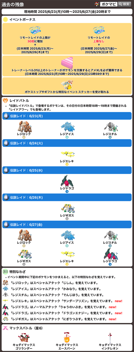 pokemapi's tweet photo. 今週のイベントスケジュールまとめ

期間：2025/6/23(月)-2025/6/29(日)

✅日替わり星5レイド+レイドアワー
→レジ系6種(特別なわざ)
→ザシアン(けんのおう)・ザマゼンタ(たてのおう)

✅過去の残像
→GOパス
✅Pokémon GO Fest 2025：グローバル

など

▼https://t.co/Czyl9PAfVO

#ポケモンGO https://t.co/uj91EAyzr9