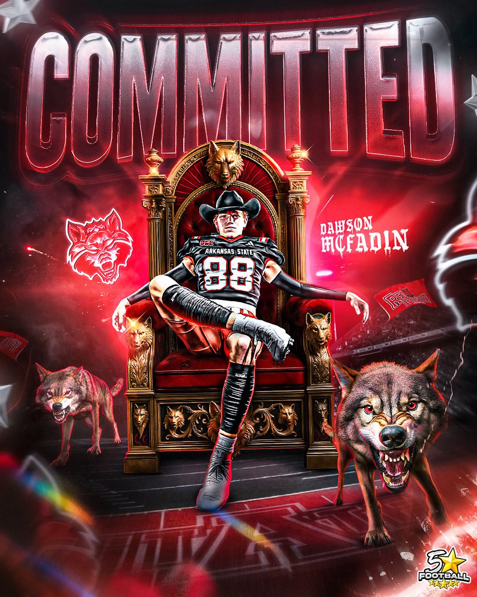 5 Star Football Recruiting (@5starfbrecruits) on Twitter photo BREAKING — 2026 Arkansas TE <a href="/Dawsonmcfadin42/">Dawson McFadin</a> tells us he is staying home and committing to Arkansas State🔴🐺
He picks the Wolves over Southern Miss💫 BREAKING — 2026 Arkansas TE <a href="/Dawsonmcfadin42/">Dawson McFadin</a> tells us he is staying home and committing to Arkansas State🔴🐺
He picks the Wolves over Southern Miss💫