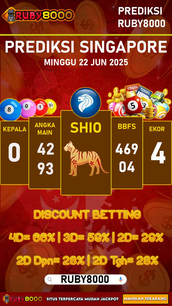 Ruby8000_id's tweet image. Ruby8000: Prediksi Singapore Paling Akurat Dapatkan prediksi paling akurat dari Ruby8000 hari ini! Bocoran angka jitu 2D, 3D, 4D, dan BBFS lengkap meningkatkan peluang menang.  

#Ruby8000 #PrediksiSingapore #TogelSGP #AngkaJituSGP #BocoranSGP #PrediksiTogel #TogelHariIni