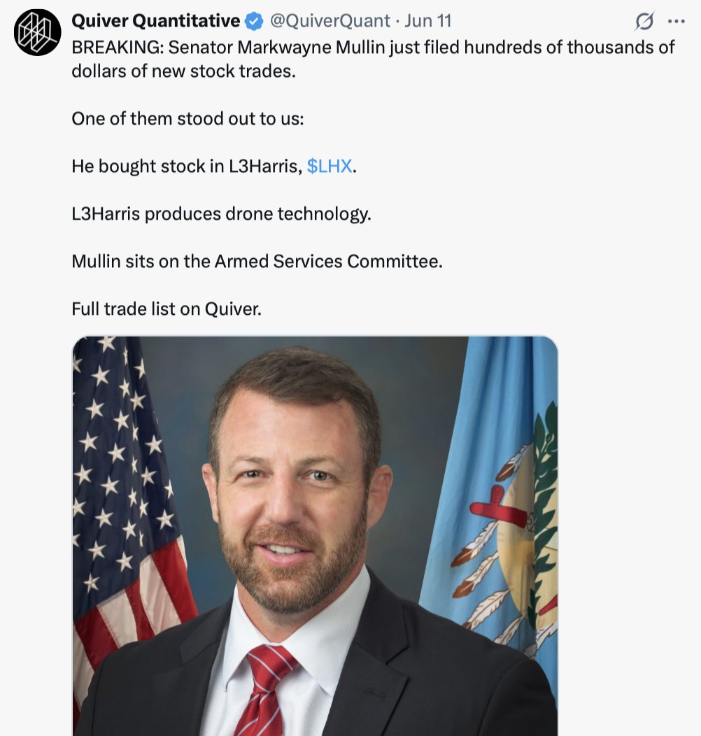 QuiverQuant's tweet photo. We spent the last two weeks sounding the alarm on purchases of defense stocks by politicians on armed services committees.

The US just carried out strikes on Iran.

Regardless of opinions on the attack, I think most would agree that Congress should not be trading defense stocks. https://t.co/cXFXZStzRT