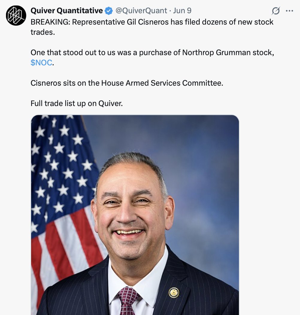 QuiverQuant's tweet photo. We spent the last two weeks sounding the alarm on purchases of defense stocks by politicians on armed services committees.

The US just carried out strikes on Iran.

Regardless of opinions on the attack, I think most would agree that Congress should not be trading defense stocks. https://t.co/cXFXZStzRT