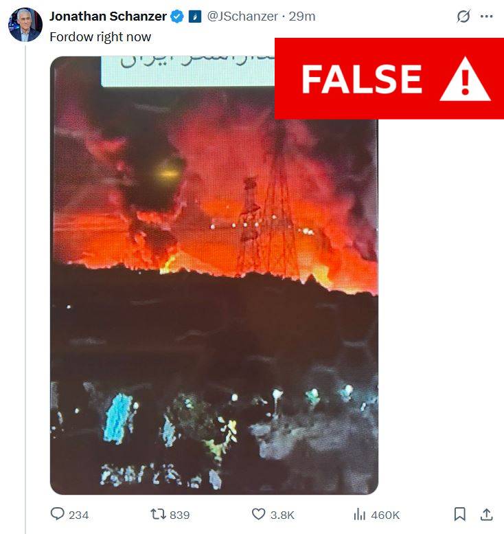 False and misleading claims about the US bombing of three nuclear sites in Iran are already going viral.

This image, which is being widely shared as the first visual evidence of the US bombing the Fordo nuclear facility, is from several days ago.