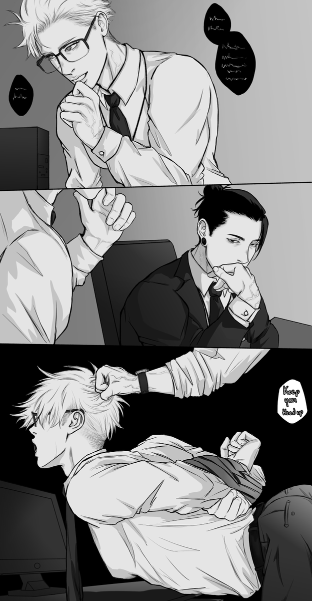 slightstitch's tweet image. New employee geto fantasizing about his coworker gojo while he's explaining something important, to which geto didn't heard a single word. Geto it's 22 and gojo it's 30, but I don't think gojo likes him very much here...yet
2 pages mini comic in the site pp site #gego #夏五