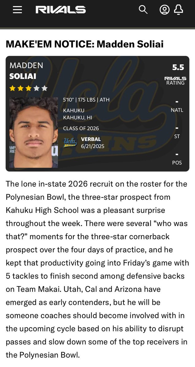 Tracy McDannald ๐ (@tracy_mcdannald) on Twitter photo At the Polynesian Bowl in January, new UCLA commit Madden Soliai earned one of the superlatives from <a href="/MattRMoreno/">Matt Moreno</a> after turning heads months before UCLA got into the picture.
๐: ucla.rivals.com/news/moreno-awโฆ At the Polynesian Bowl in January, new UCLA commit Madden Soliai earned one of the superlatives from <a href="/MattRMoreno/">Matt Moreno</a> after turning heads months before UCLA got into the picture.
๐: ucla.rivals.com/news/moreno-awโฆ