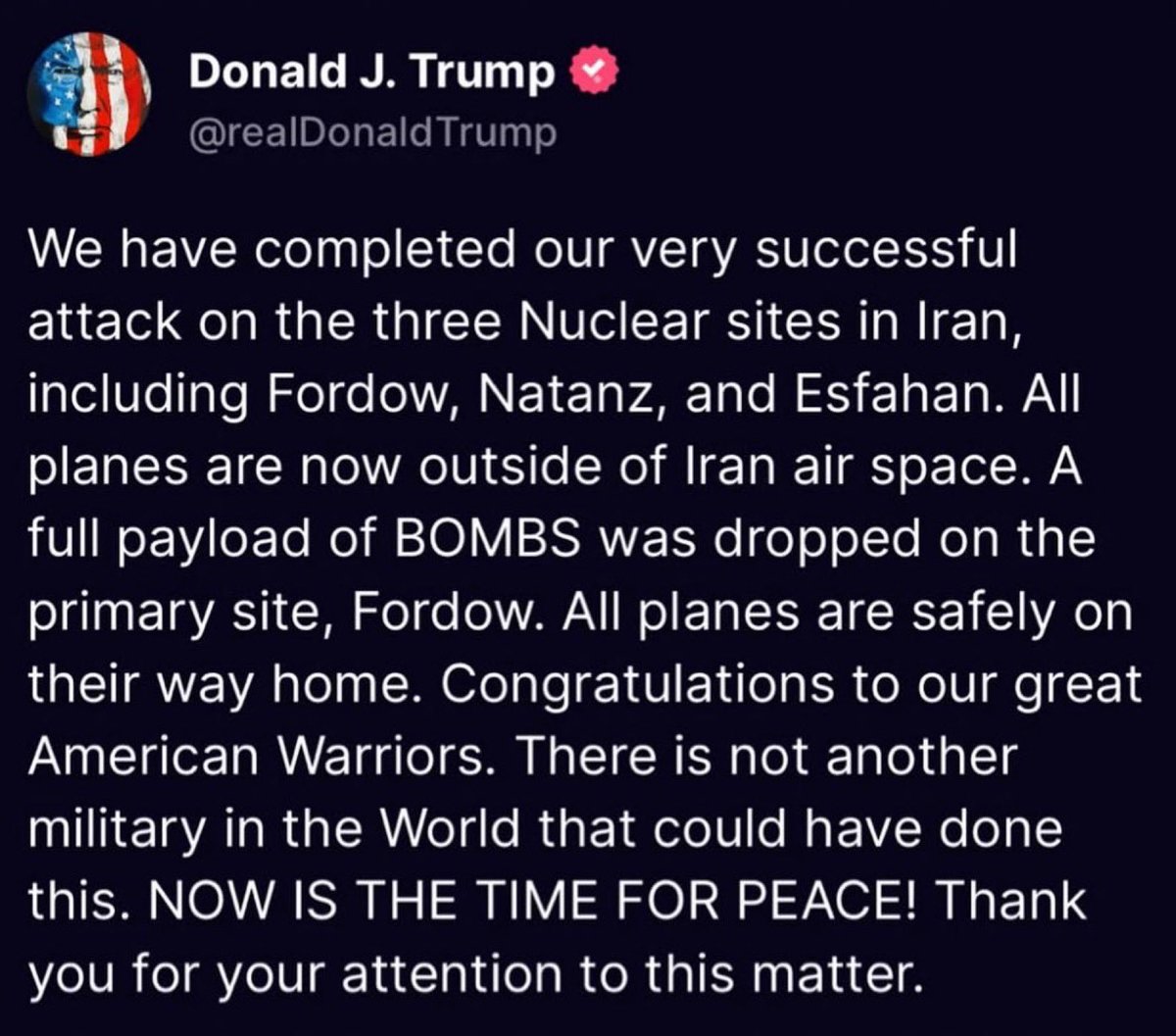 Breaking: President <a href="/realDonaldTrump/">Donald J. Trump</a> Trump annihilates Iranian nuclear program in three strategic air strikes! Time for peace in the Middle East!