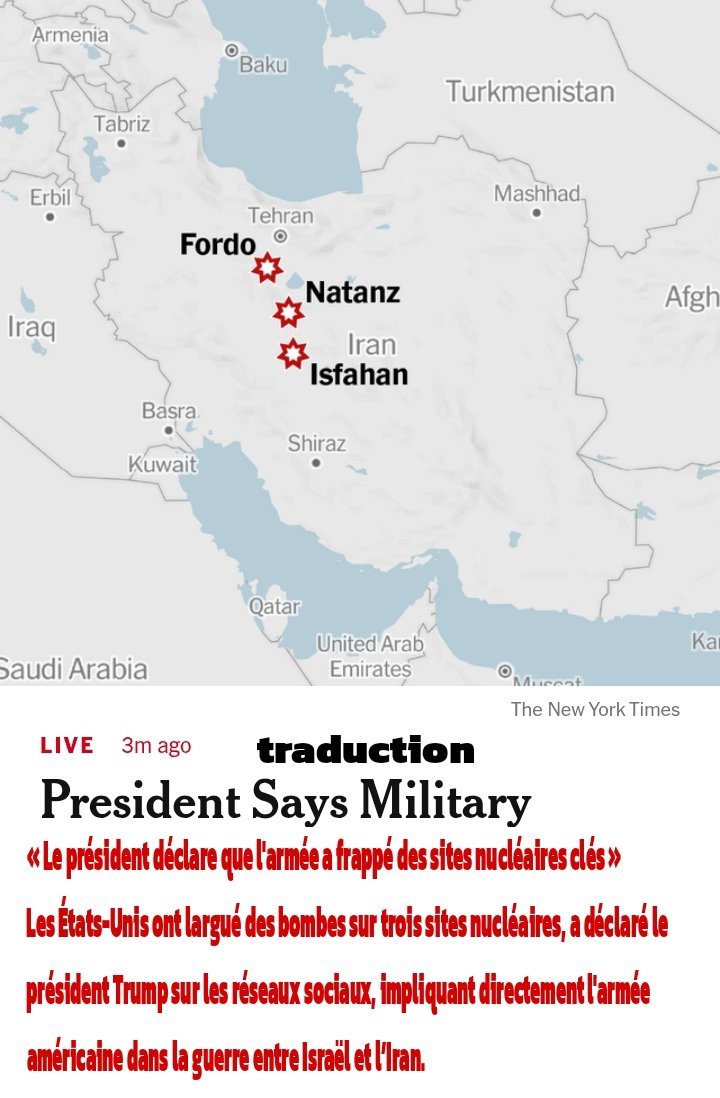 #Iran « Le président déclare que l'armée a frappé des sites nucléaires clés »
Les États-Unis ont largué des bombes sur trois sites nucléaires, a déclaré le président Trump sur les réseaux sociaux, impliquant directement l'armée américaine dans la guerre entre Israël et l’Iran.